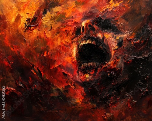 Agonizing Demonic Scream in Fiery Underworld Landscape