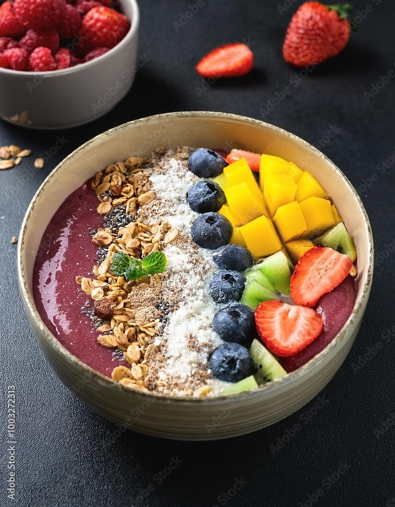 Smoothie bowl with fresh fruit and granola topping, on black background Smoothie bowl with fresh fruit and granola topping, on black background