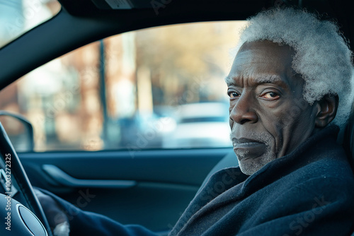 Driver behind the wheel, man seated in car interior, looking at road ahead, daylight urban driving setting, vehicle interior concept