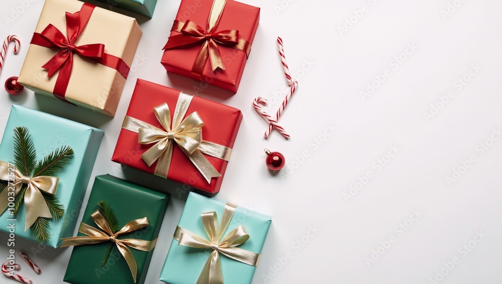 Festive Christmas New Year greeting card flat lay of gift-laden white marble tabletop with top-down perspective Festive Christmas New Year greeting card flat lay of gift-laden white marble tabletop with top-down perspective