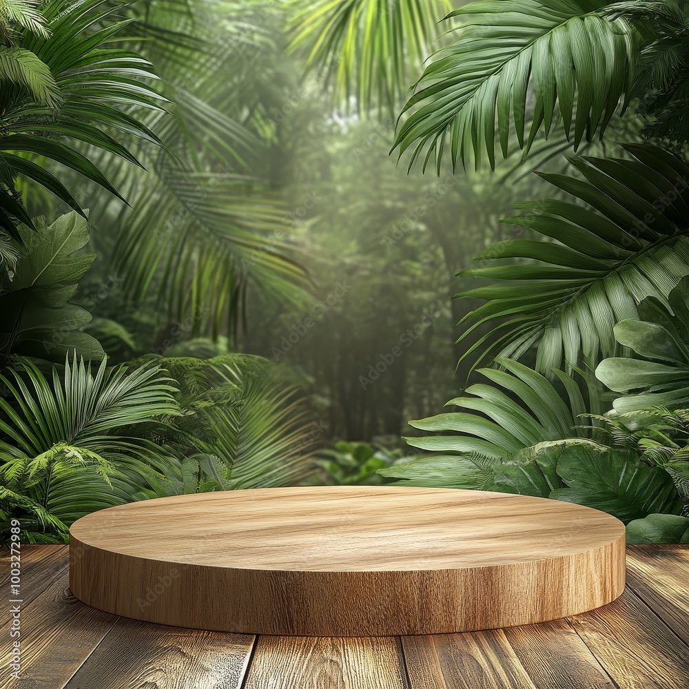 Wooden podium in the jungle with palm leaves. 3d rendering Wooden podium in the jungle with palm leaves. 3d rendering