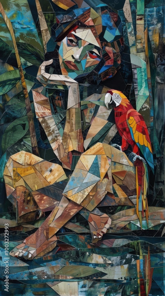 Obraz premium Cubist Painting of Parrot and Rainforest Pond with Fragmented Geometric Forms