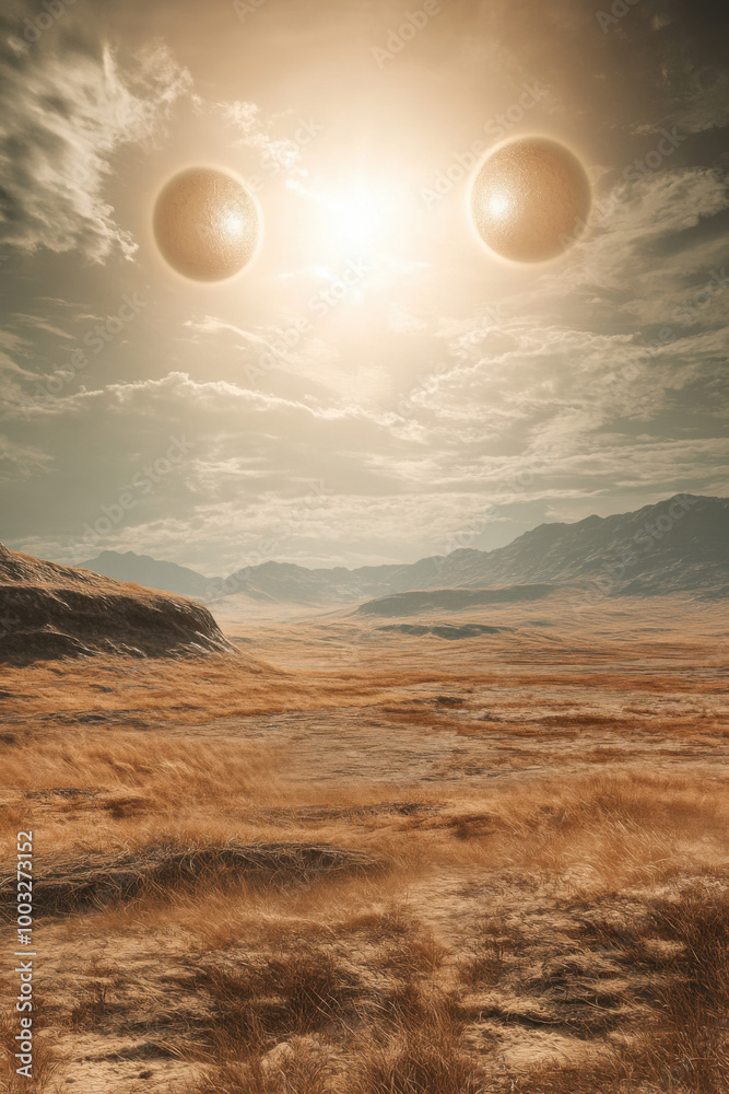 Surreal desert landscape under a double sun sky, featuring expansive plains and distant mountains. Surreal desert landscape under a double sun sky, featuring expansive plains and distant mountains.