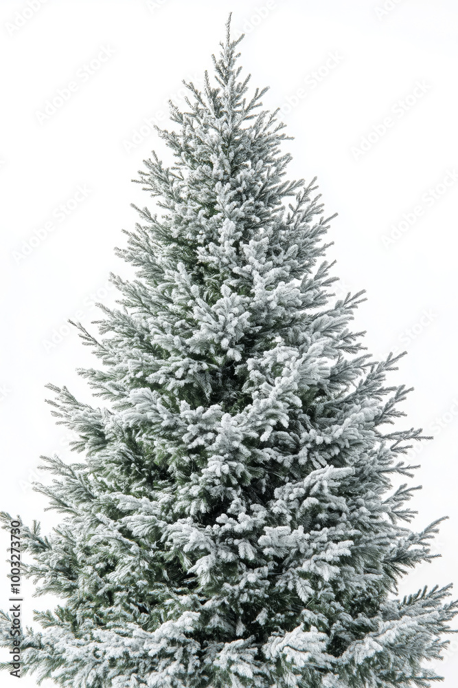 Fototapeta premium Tall green snow covered Christmas tree on white background