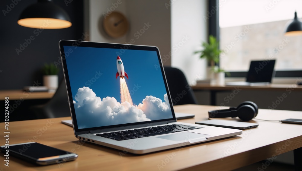 Innovative startup concept showcasing rocket launch from laptop screen Innovative startup concept showcasing rocket launch from laptop screen