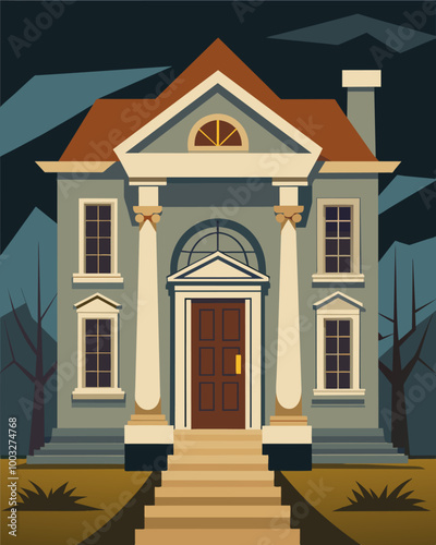 A onceluxurious mansion with a grand front entrance now stands in disrepair the Foreclosure notice on the door a stark contrast to its former opulence.. Vector illustration
