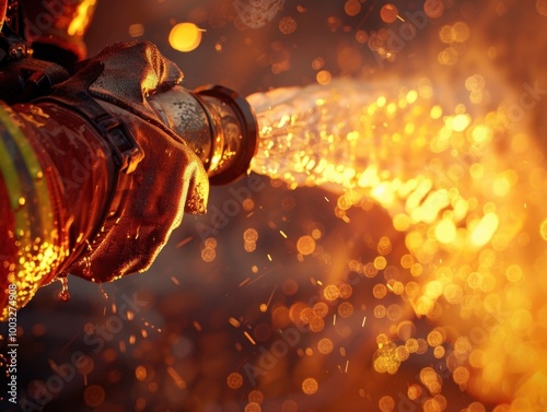 Firefighter s Hands Gripping High Pressure Water Hose Extinguishing Flames with Powerful Water Stream photo