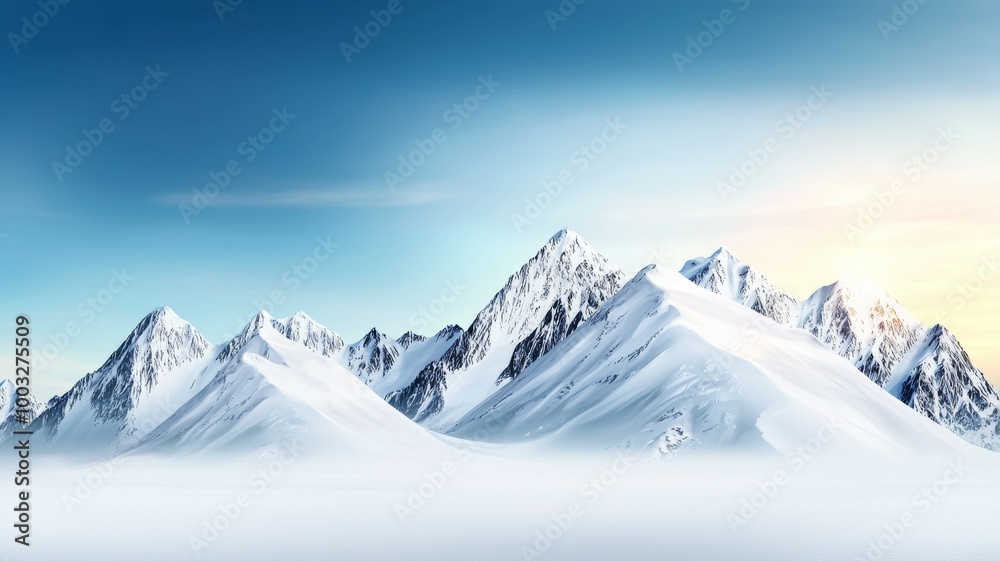 A mountain range with snow on the peaks and a clear blue sky A mountain range with snow on the peaks and a clear blue sky