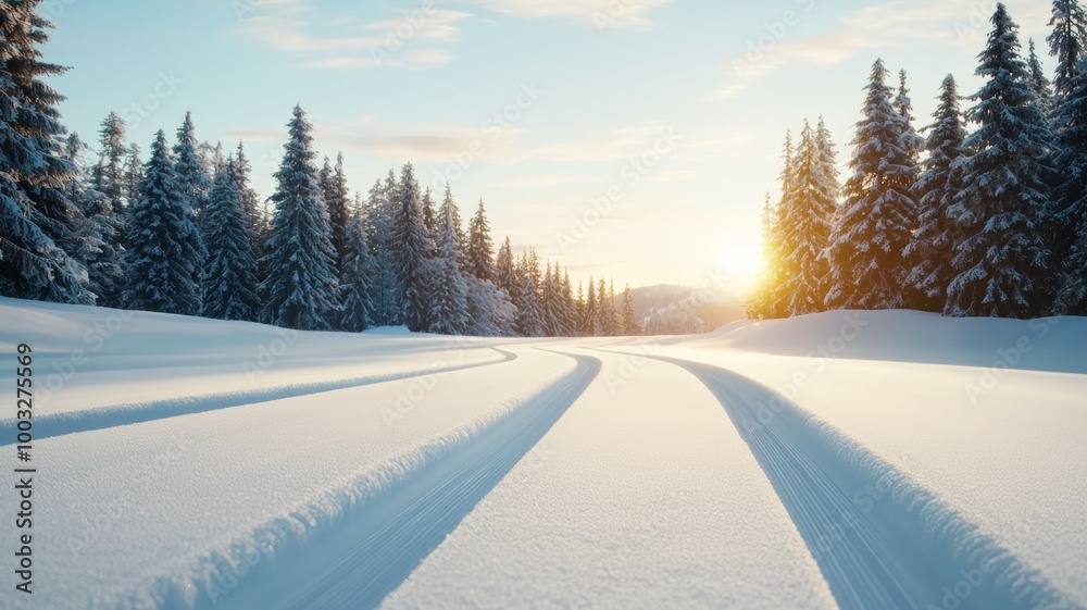A snow covered road with a sun shining on it A snow covered road with a sun shining on it