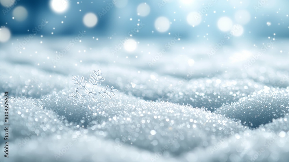 A snow covered field with a snowflake on it A snow covered field with a snowflake on it