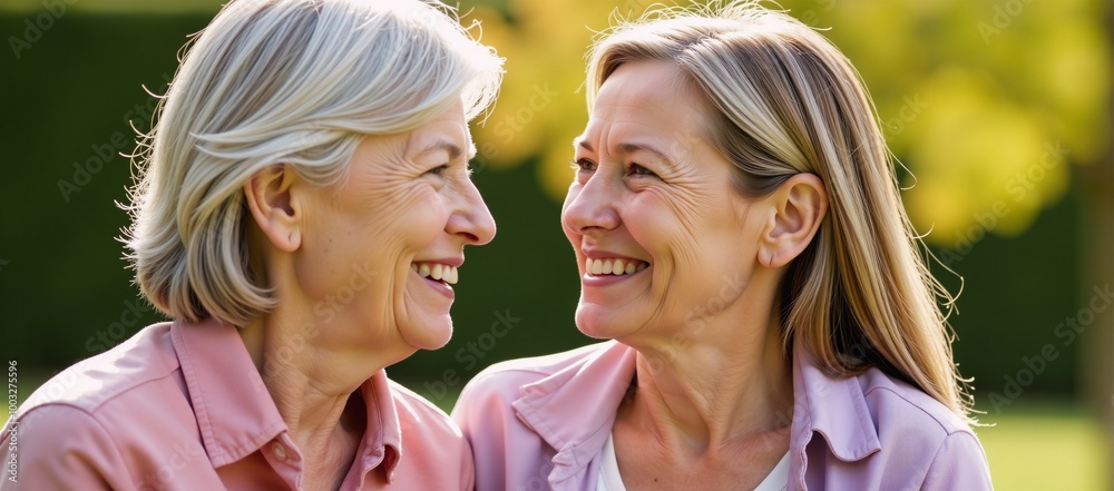 Close-up outdoor grandmother-granddaughter portrait with warm smiles