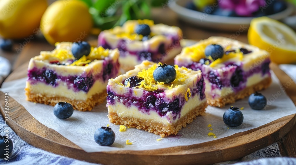 Close-up of lemon blueberry cheesecake bars with a crumbly base, topped with fresh blueberries and lemon zest, arranged on a wooden board, creating a vibrant and delicious dessert scene
Close-up of lemon blueberry cheesecake bars with a crumbly base, topped with fresh blueberries and lemon zest, arranged on a wooden board, creating a vibrant and delicious dessert scene
