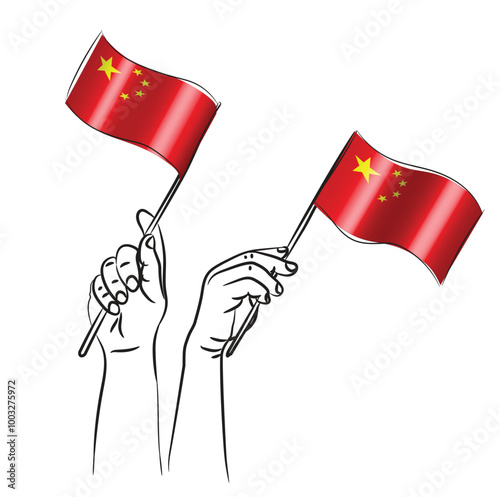 Scalable and editable eps vector Outline line stroke contour art of hands holding national waving flag of  China