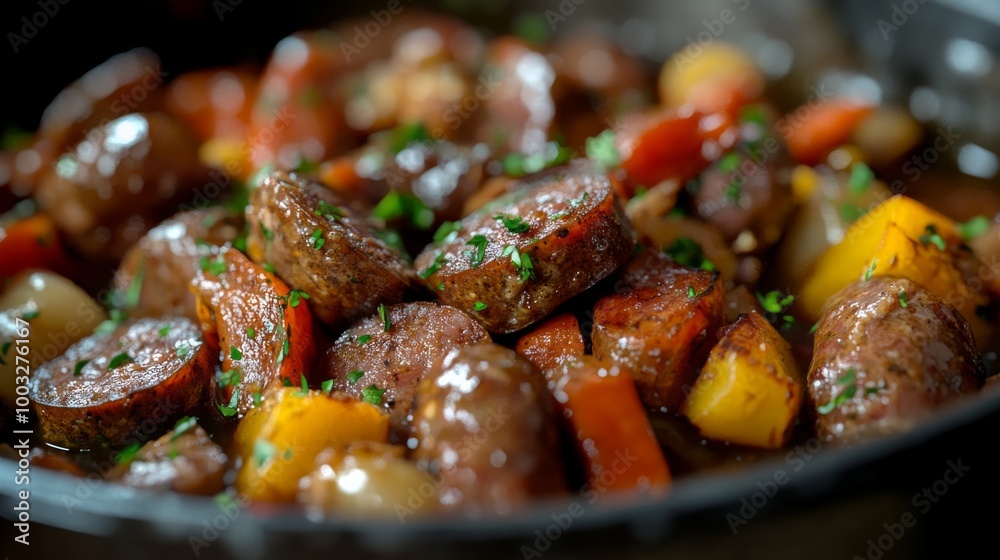 Close-up of traditional Dutch stamppot with slices of sausage, potatoes, and vegetables, topped with fresh herbs, creating a hearty and comforting dish