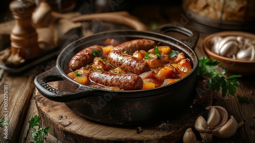 Hearty Dutch stamppot served with sausages in a rustic cast iron pot, surrounded by fresh herbs and garlic, creating a warm and comforting meal photo