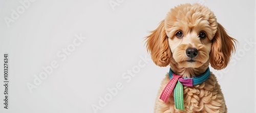 A photorealistic illustration features an adorable poodle wearing a colorful ribbon photo