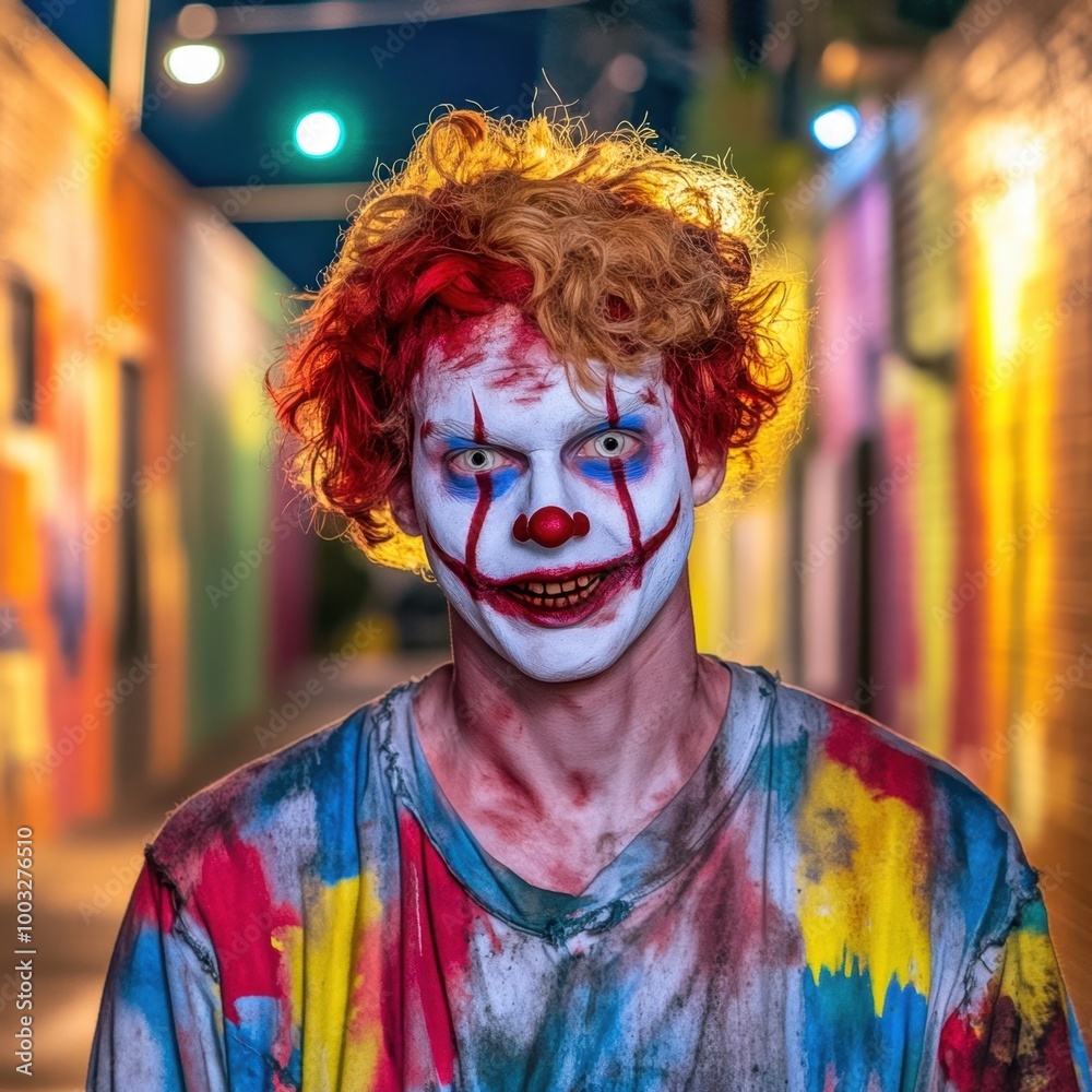 Malevolent Jester Stands Alone in Dimly Lit Urban Alleyway with Unsettling Atmosphere Malevolent Jester Stands Alone in Dimly Lit Urban Alleyway with Unsettling Atmosphere