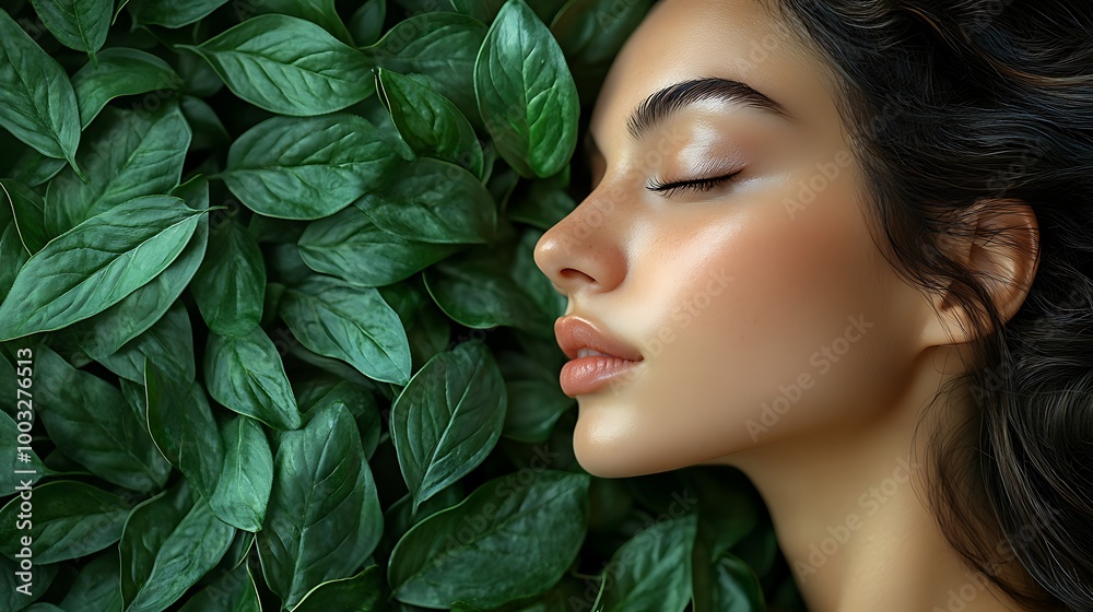 Beautiful woman with closed eyes lying on a bed of green leaves, natural beauty and relaxation concept