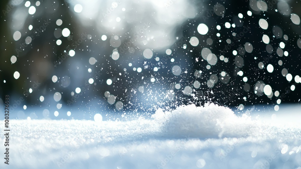 A snow covered field with snowflakes falling from the sky A snow covered field with snowflakes falling from the sky