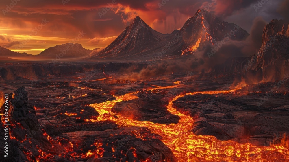 Fototapeta premium Mesmerizing Molten Flows A Fiery Volcanic Landscape Ablaze with Crimson Lava and Dramatic Lighting