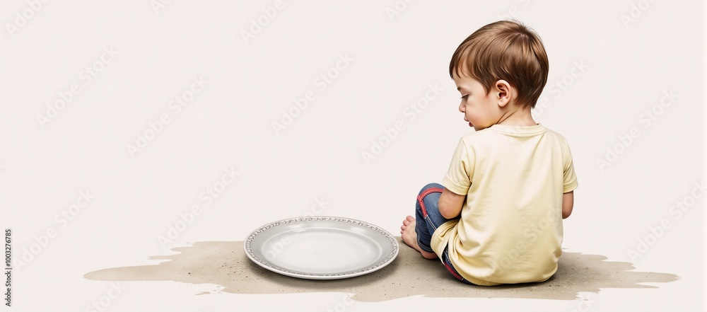 A watercolor painting portraying an empty plate symbolizing food insecurity and leaving space for added text