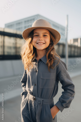 Fashion editorial portrait young girl kid child teen wearing grey gray denim jumpsuit and bucket hat outside during fall autumn in the city 