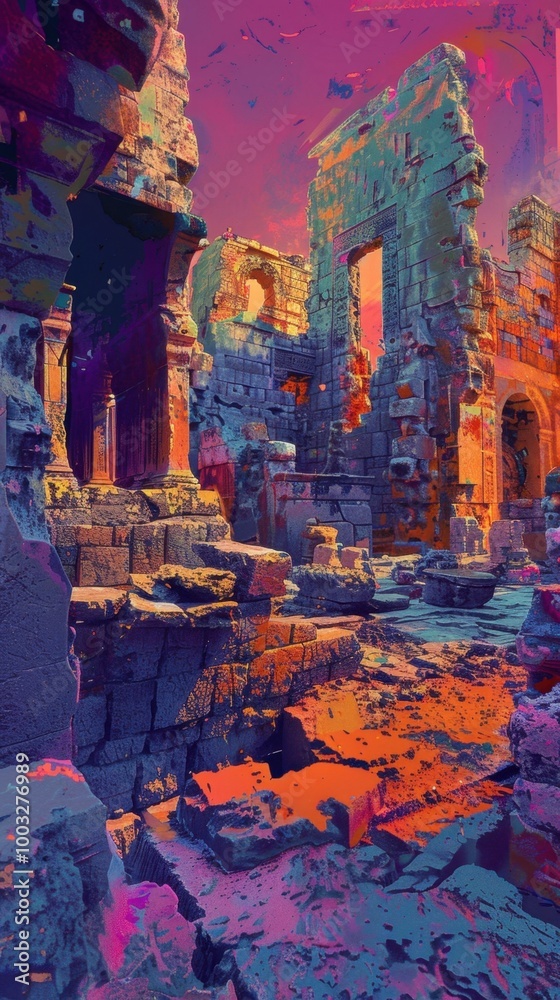 Mystical Ancient City of Stone Shrouded in Sunset Glow with Elusive Treasure Rat Legend