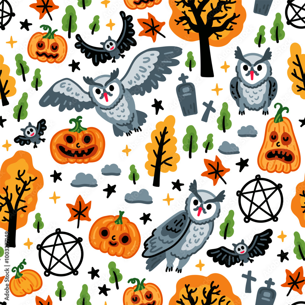 Fototapeta premium Seamless pattern of Halloween characters, Children flying white owls among autumn pumpkin