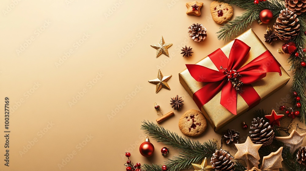 Golden Gift Box with Red Ribbon and Christmas Decorations on a Beige Background Golden Gift Box with Red Ribbon and Christmas Decorations on a Beige Background