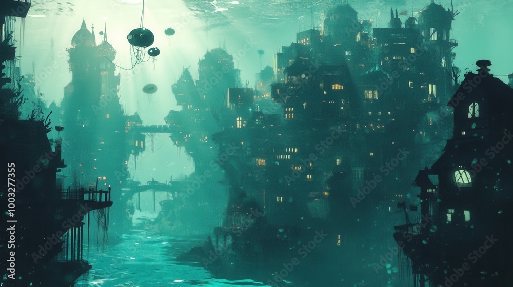 Otherworldly Underwater City with Floating Architecture and Luminous Structures Otherworldly Underwater City with Floating Architecture and Luminous Structures