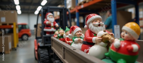 New Years greeting depicting forklift loading holiday decorations photo