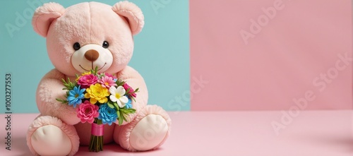 Cute Teddy Bear Illustration with Birthday Bouquet Space for Personalized Text