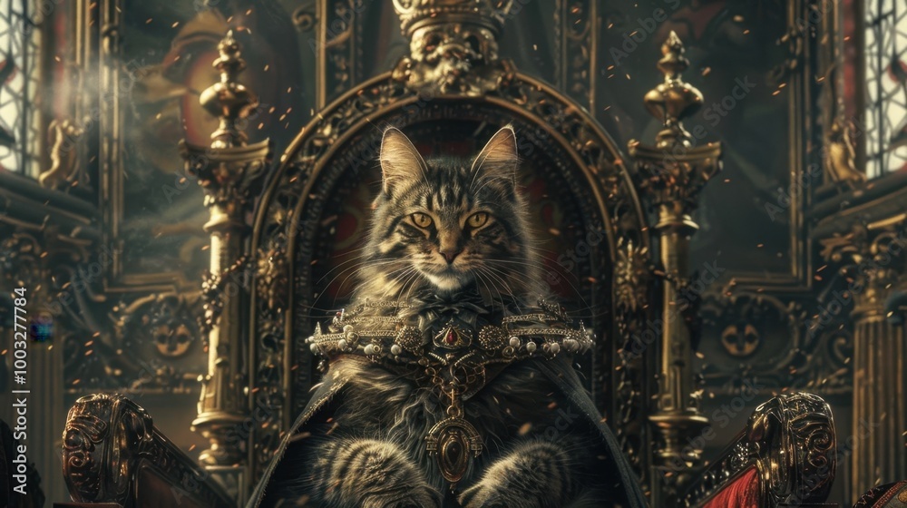 Regal Feline Ruler Issuing Decree from Ornate Throne in Surreal Fantasy Scene Regal Feline Ruler Issuing Decree from Ornate Throne in Surreal Fantasy Scene