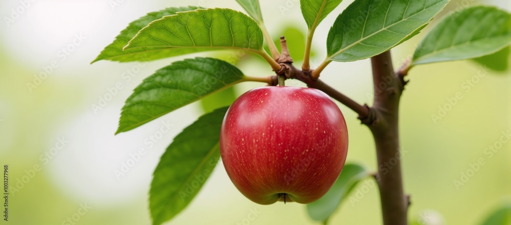 Red apple on tree branch detailed focus on leaves Red apple on tree branch detailed focus on leaves