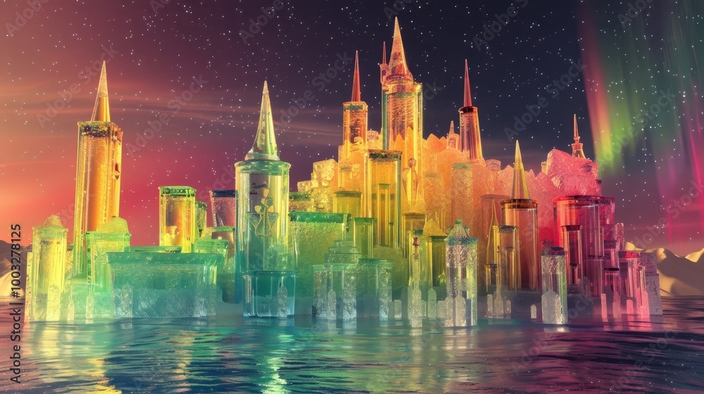 Obraz premium Shimmering Fruit Infused Ice Castles Illuminated by Celestial Lights in Surreal Landscape