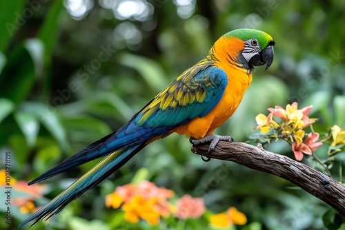 A colorful parrot perched on a branch in the rainforest, with vibrant feathers and tropical flowers surrounding it in a lush environment