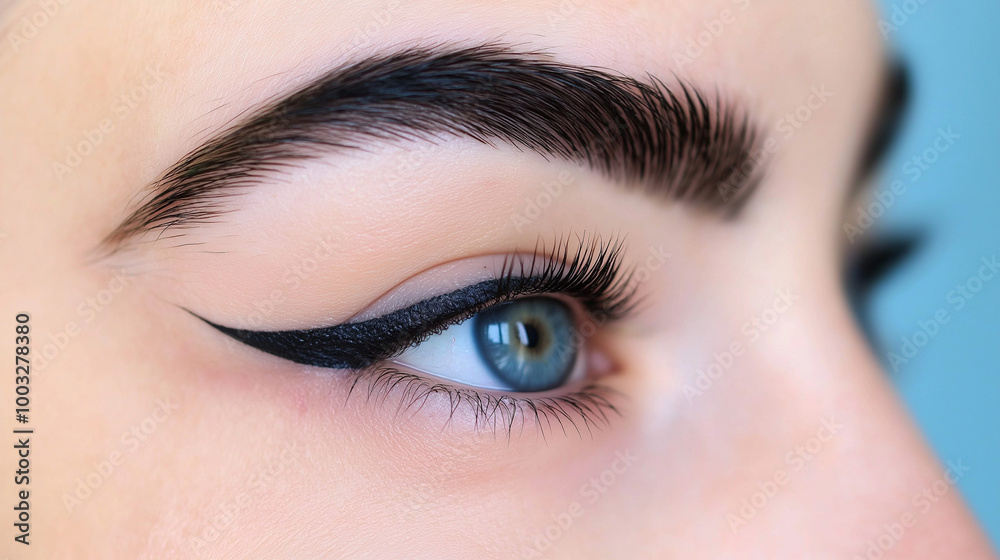 Obraz premium Beautiful young woman , makeup , clean skin. Makeup artist , eyelashes with mascara in a beauty salon . Eyelash extension , beautiful eyebrows