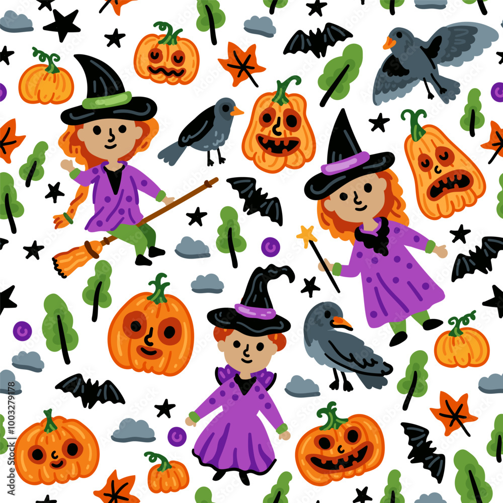 Seamless pattern of Halloween characters, Children in funny and scary witch, pumpkin and crow costumes background Seamless pattern of Halloween characters, Children in funny and scary witch, pumpkin and crow costumes background