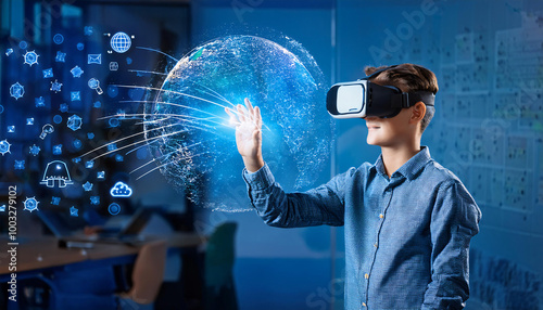 School student with VR headset using AI artificial intelligence technology & machine learning