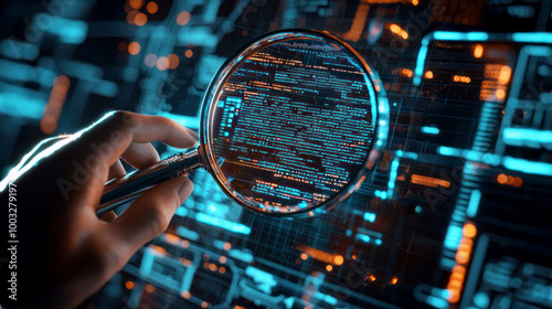 Hand holding magnifying glass over digital code interface, symbolizing data analysis, quality assurance, software testing and debugging