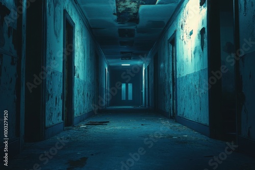 Abandoned insane asylum corridor, with copy space