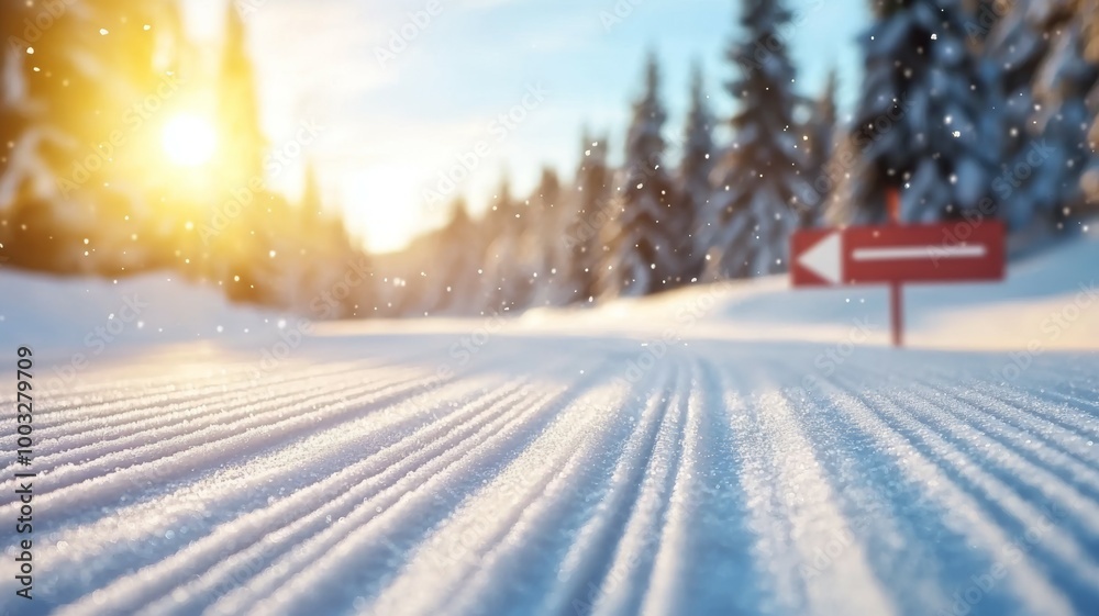 A snow covered road with a red sign pointing to the right A snow covered road with a red sign pointing to the right