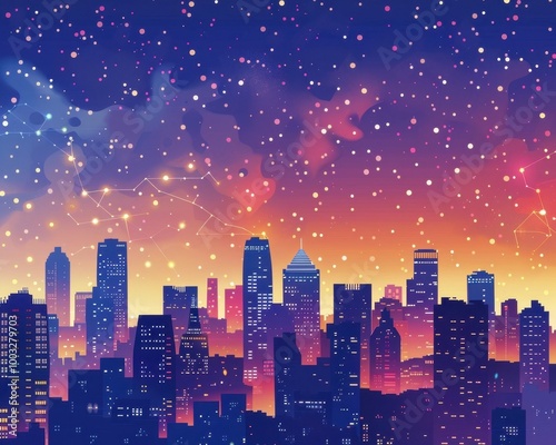 Vibrant Cityscape Under a Star Filled Night Sky Creating a Lively Atmosphere