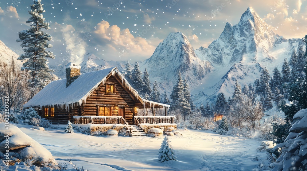 Cozy cabin in snowy mountains with a warm glow from windows. Cozy cabin in snowy mountains with a warm glow from windows.