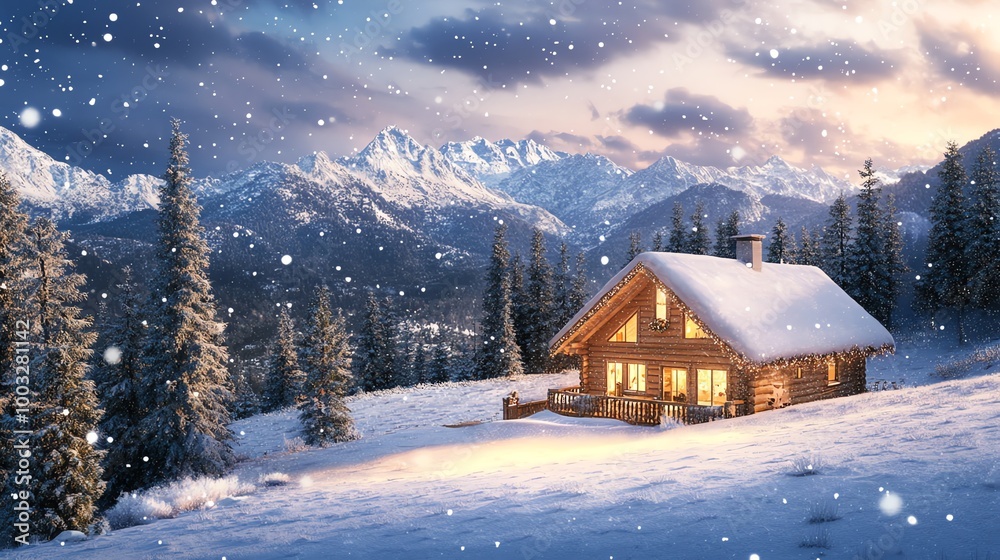 Cozy cabin in a snowy winter landscape with mountains in the background. Cozy cabin in a snowy winter landscape with mountains in the background.