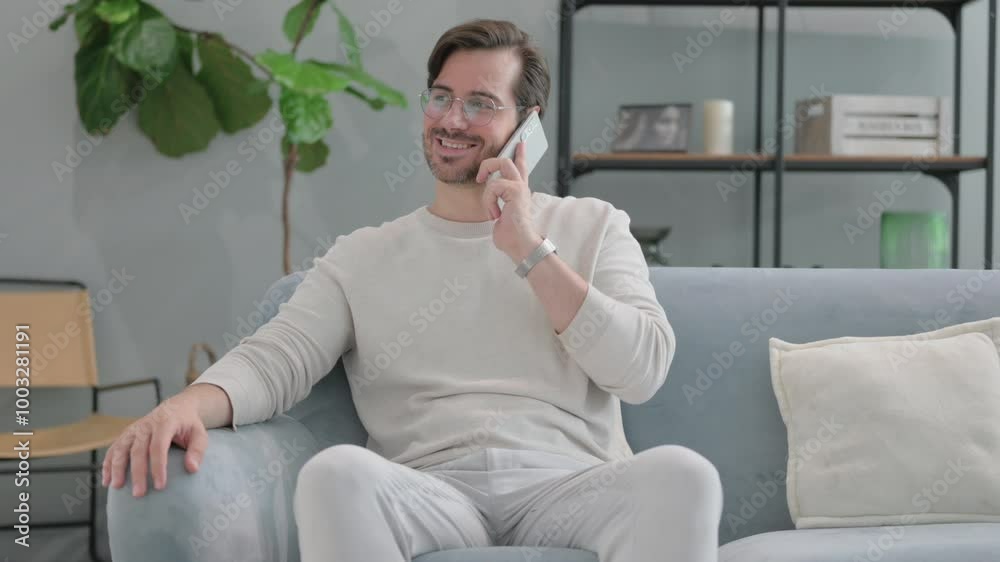 Young Man Talking on phone while Sitting on Sofa at Home Young Man Talking on phone while Sitting on Sofa at Home