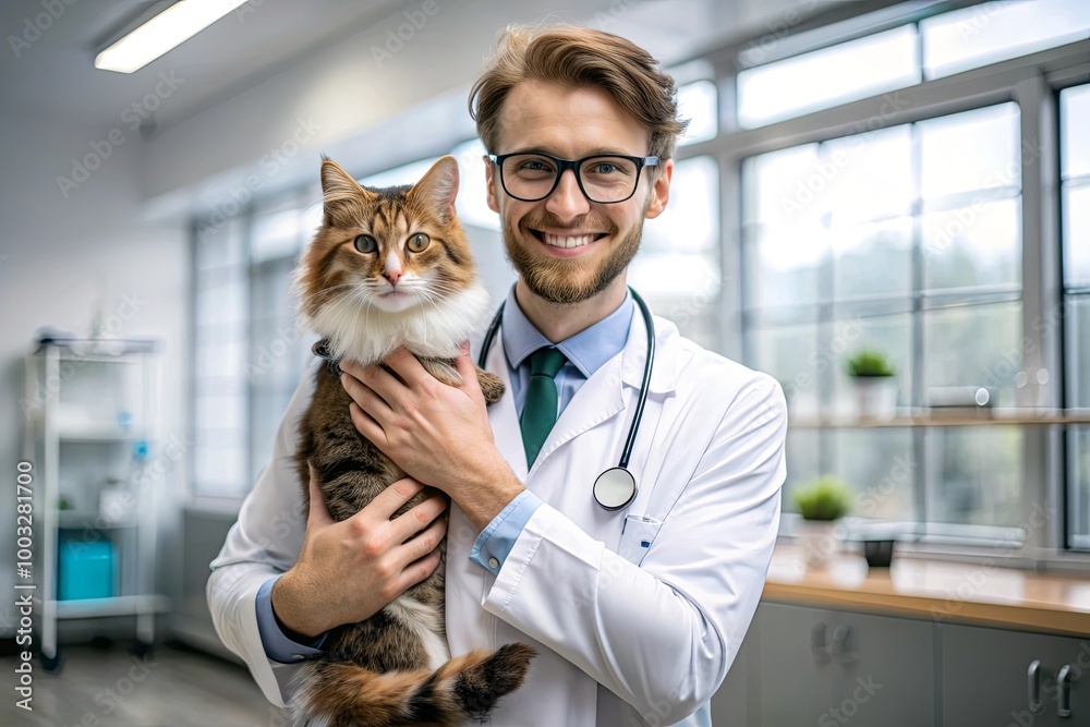 Handsome Veterinarian with Glasses Smiling at the Camera While Stroking a Healthy Cat in a Modern Animal Clinic Handsome Veterinarian with Glasses Smiling at the Camera While Stroking a Healthy Cat in a Modern Animal Clinic