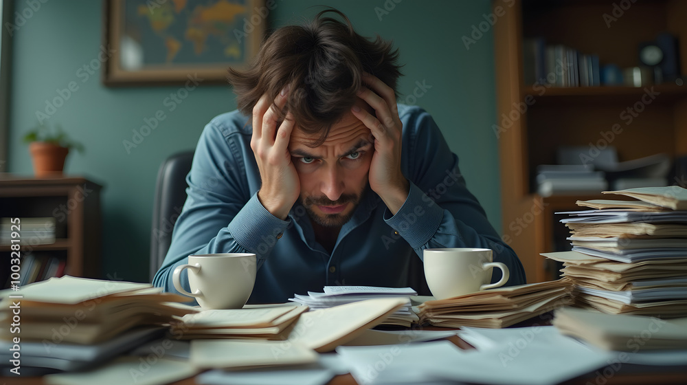 Person stressed over bills and credit card debt at cluttered desk Person stressed over bills and credit card debt at cluttered desk