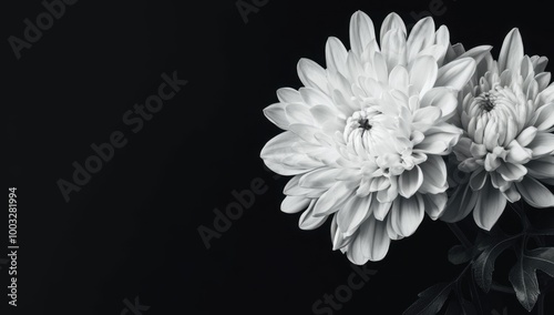 Black and white chrysanthemum flower on a black background Banner with copy space Generative AI