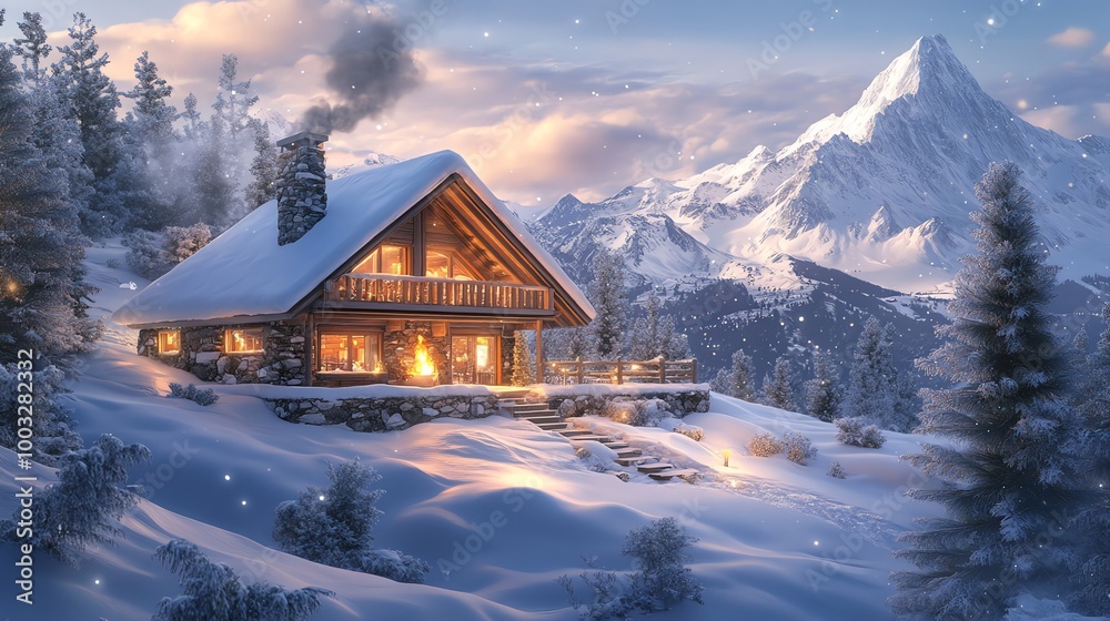 A cozy wooden cabin nestled in a snowy mountain landscape, with a warm glow emanating from its windows. A cozy wooden cabin nestled in a snowy mountain landscape, with a warm glow emanating from its windows.